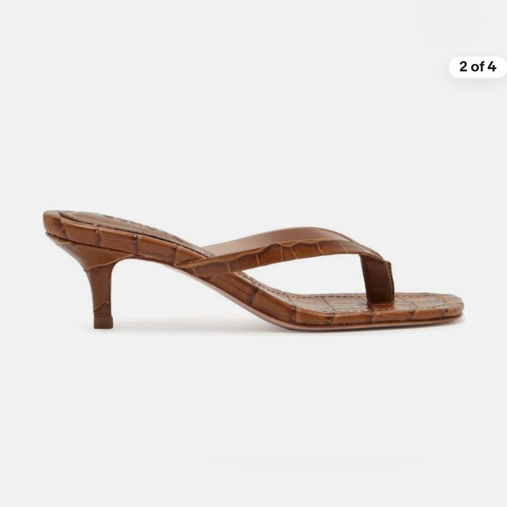 SCHUTZ Brown Croc-Embossed Leather Thong Kitten Heel Sandals